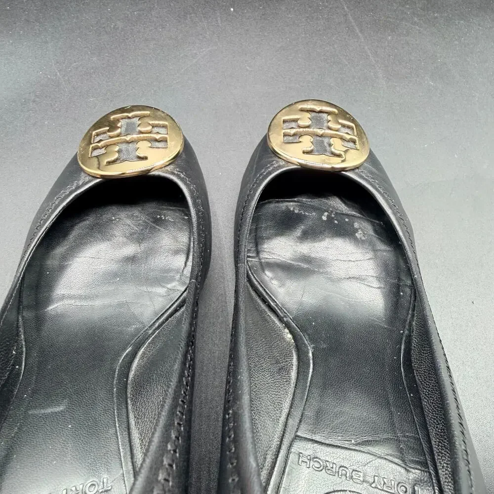 Tory Burch Black Leather Wedge Pumps Gold Logo Size 6.5